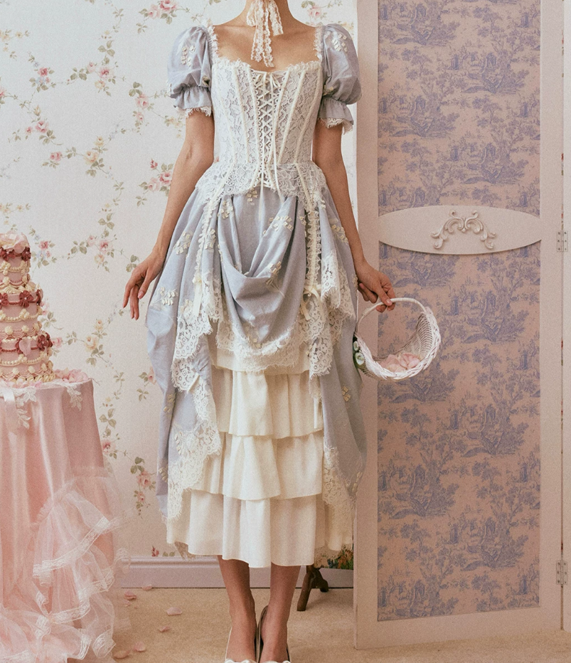 Ornate Short Sleeve Lace Prom Dress Pastel Blue A-Line Evening Dress C8670