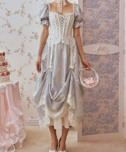 Ornate Short Sleeve Lace Prom Dress Pastel Blue A-Line Evening Dress C8670