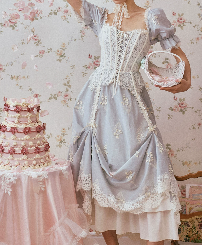 Ornate Short Sleeve Lace Prom Dress Pastel Blue A-Line Evening Dress C8670