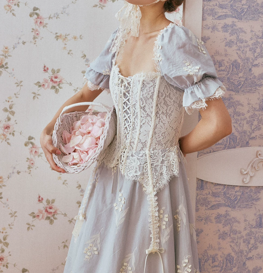 Ornate Short Sleeve Lace Prom Dress Pastel Blue A-Line Evening Dress C8670