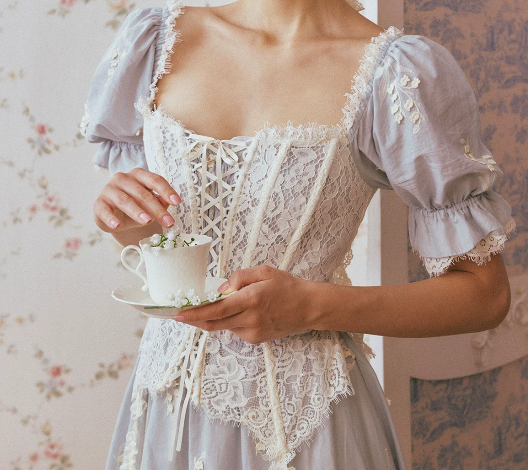 Ornate Short Sleeve Lace Prom Dress Pastel Blue A-Line Evening Dress C8670