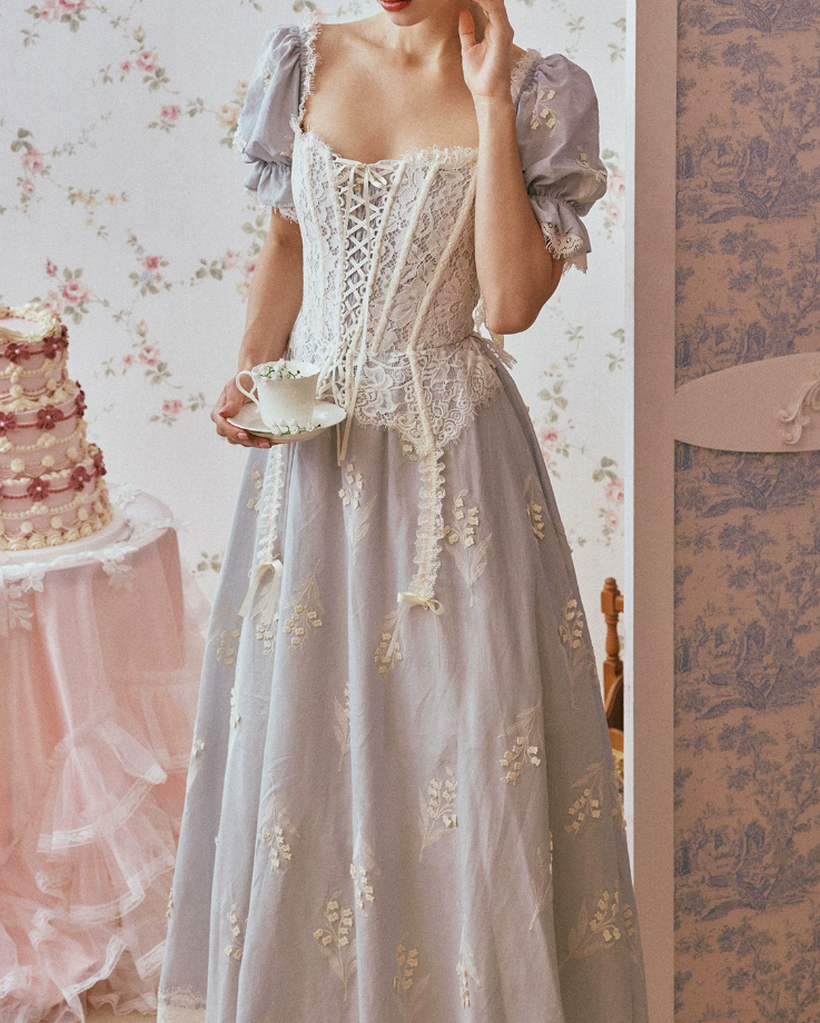 Ornate Short Sleeve Lace Prom Dress Pastel Blue A-Line Evening Dress C8670