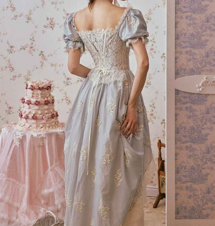 Ornate Short Sleeve Lace Prom Dress Pastel Blue A-Line Evening Dress C8670