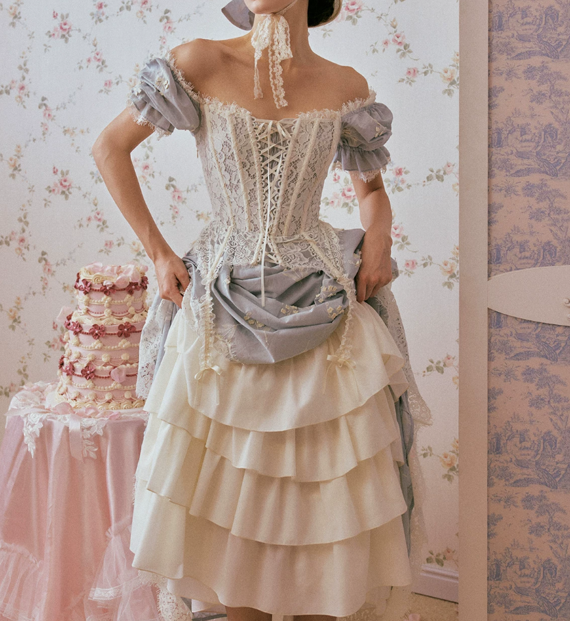 Ornate Short Sleeve Lace Prom Dress Pastel Blue A-Line Evening Dress C8670