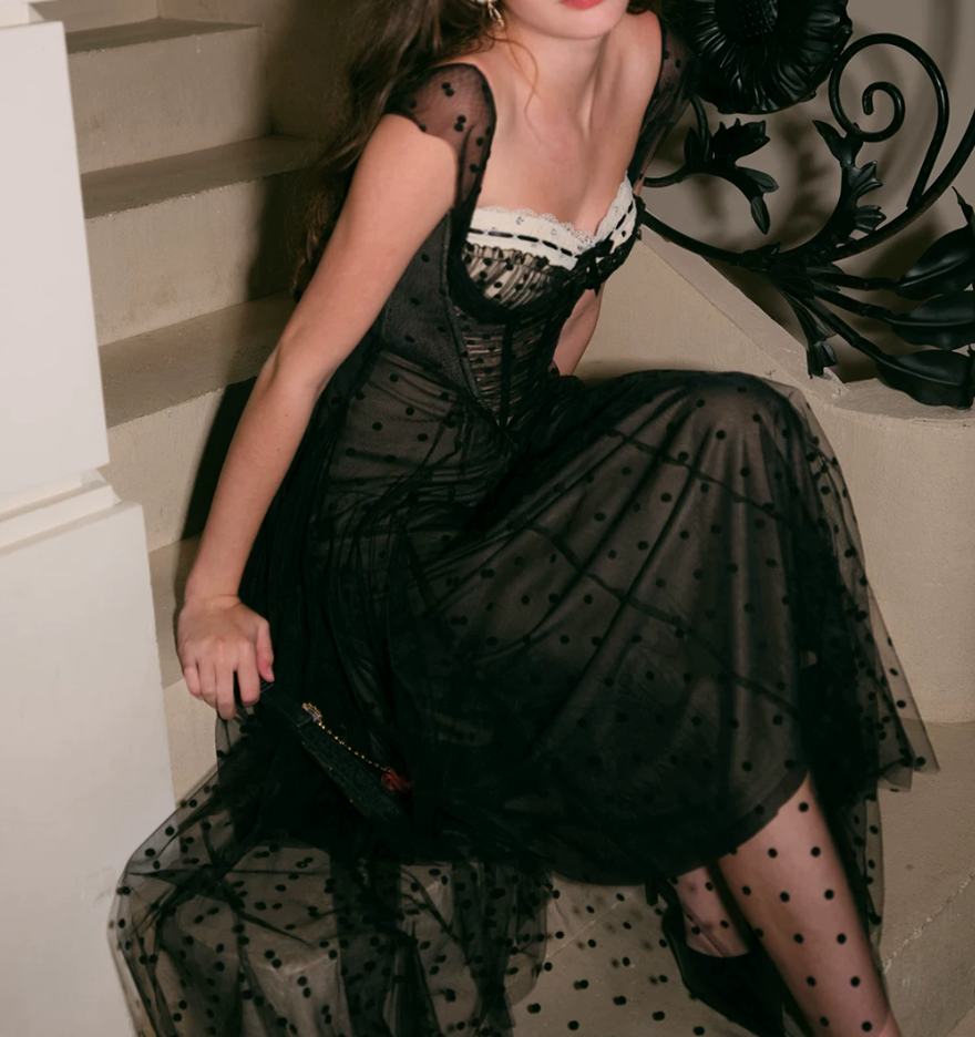 Trendy Spaghetti Straps Black Prom Dress Polka Dots Tulle A-Line Evening Dress C8672