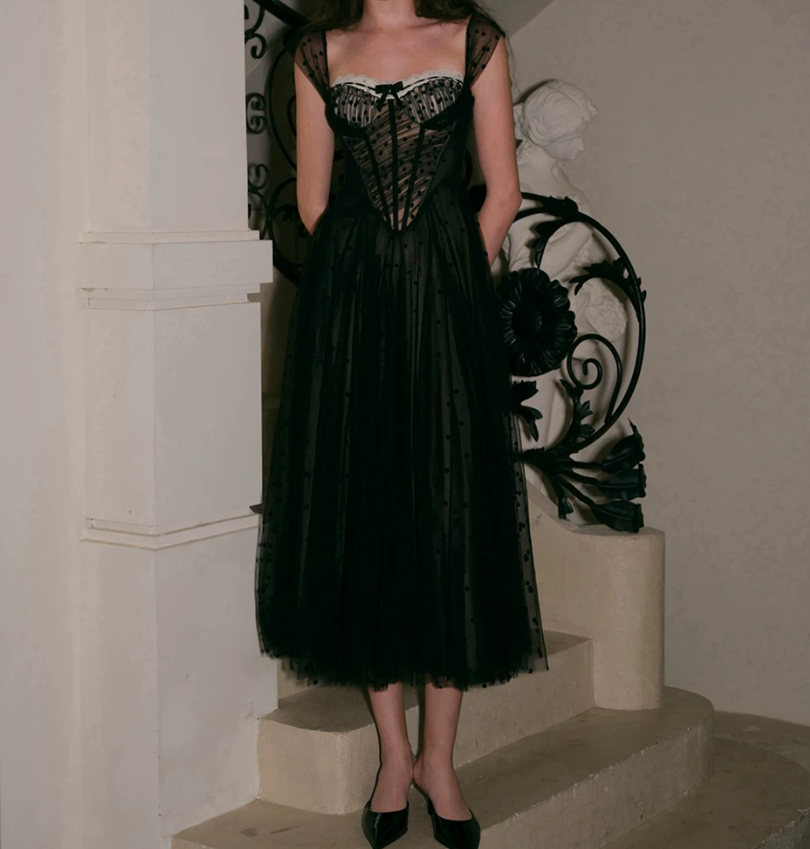 Trendy Spaghetti Straps Black Prom Dress Polka Dots Tulle A-Line Evening Dress C8672
