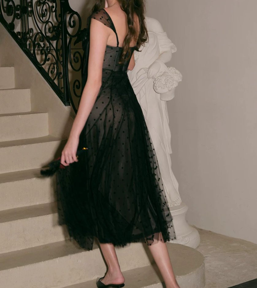 Trendy Spaghetti Straps Black Prom Dress Polka Dots Tulle A-Line Evening Dress C8672