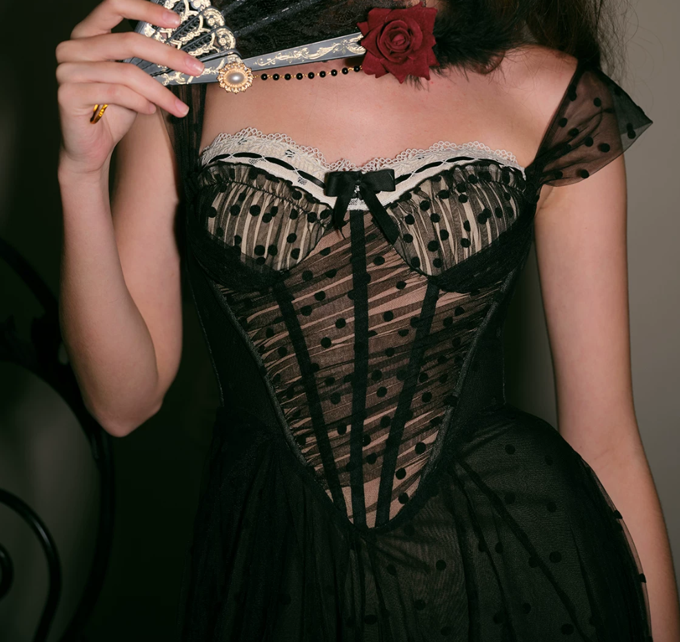 Trendy Spaghetti Straps Black Prom Dress Polka Dots Tulle A-Line Evening Dress C8672