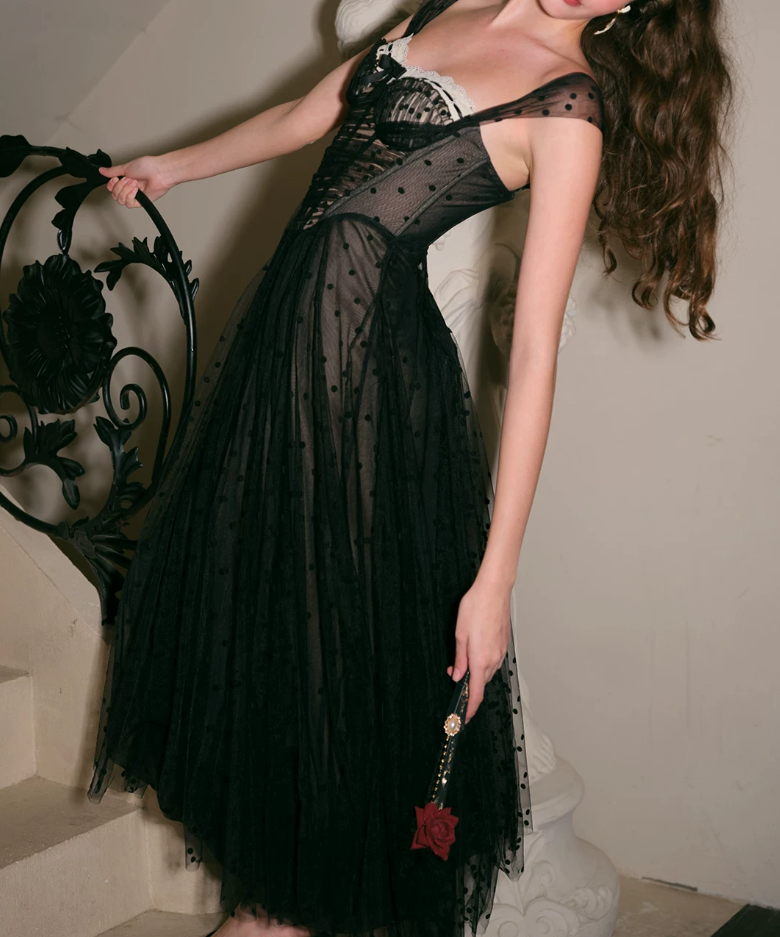 Trendy Spaghetti Straps Black Prom Dress Polka Dots Tulle A-Line Evening Dress C8672