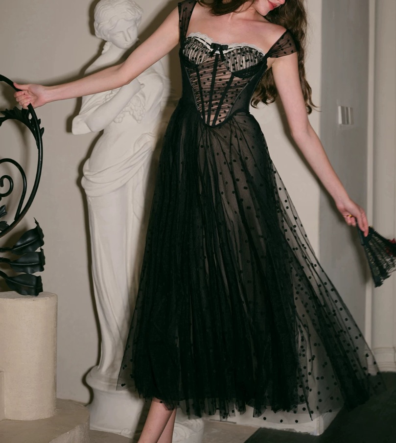 Trendy Spaghetti Straps Black Prom Dress Polka Dots Tulle A-Line Evening Dress C8672