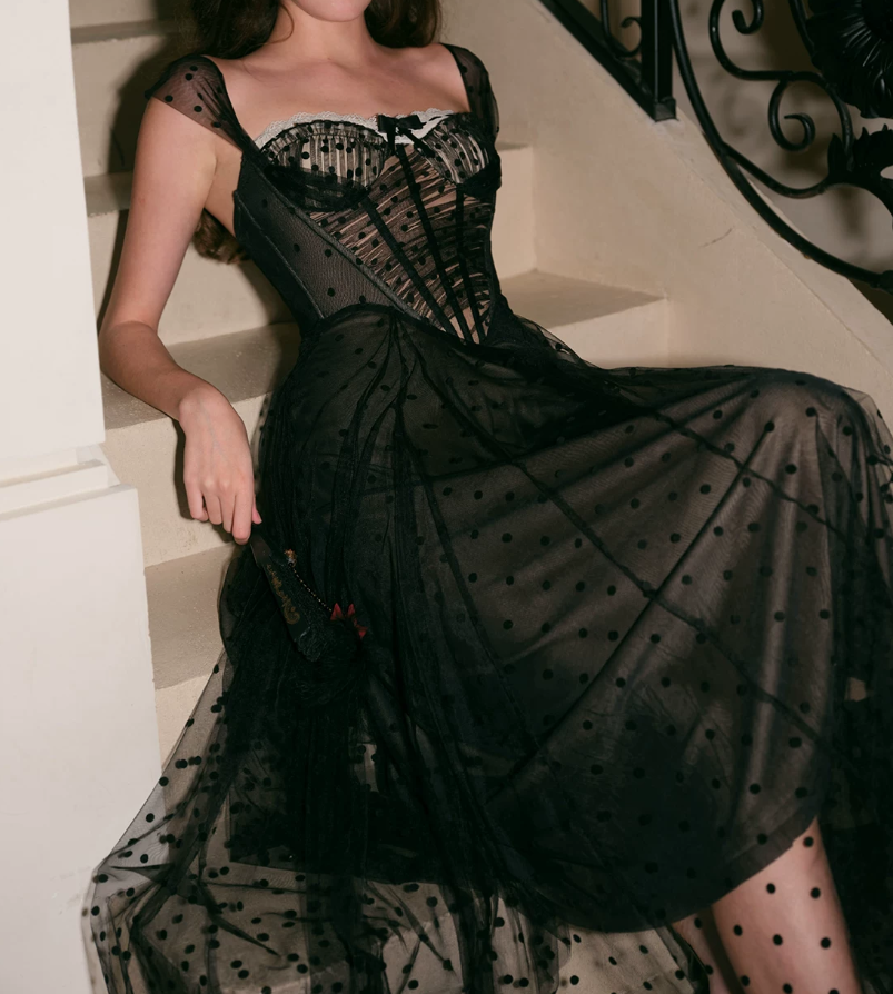 Trendy Spaghetti Straps Black Prom Dress Polka Dots Tulle A-Line Evening Dress C8672