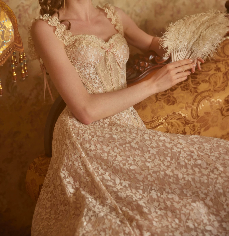Romantic Spaghetti Straps Beige Prom Dress Lace A-Line Evening Dress C8675