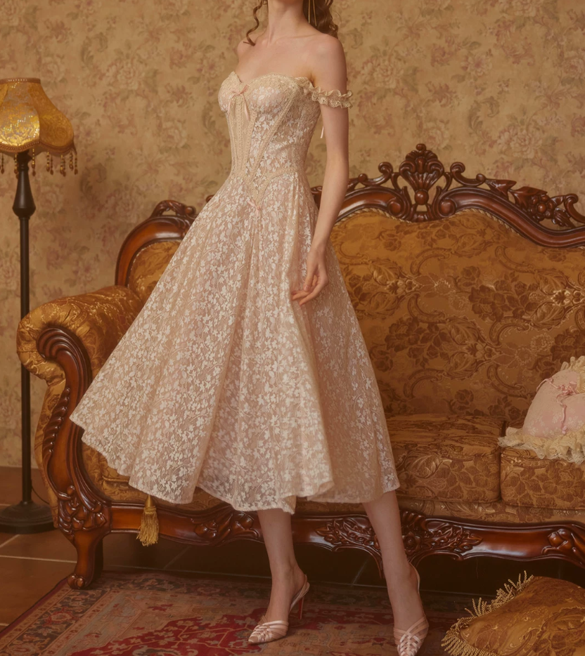 Romantic Spaghetti Straps Beige Prom Dress Lace A-Line Evening Dress C8675