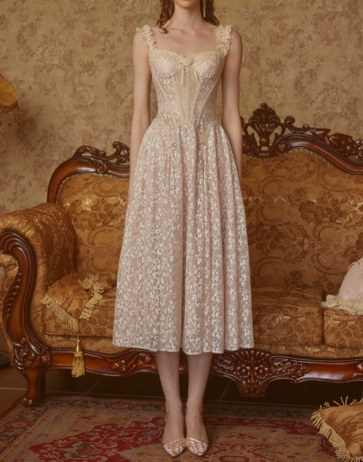 Romantic Spaghetti Straps Beige Prom Dress Lace A-Line Evening Dress C8675