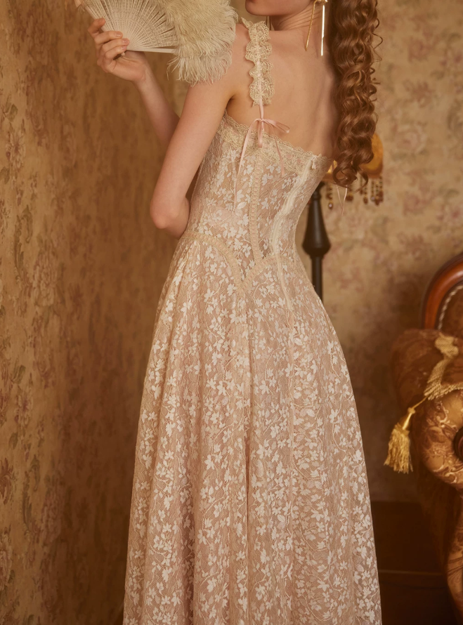 Romantic Spaghetti Straps Beige Prom Dress Lace A-Line Evening Dress C8675