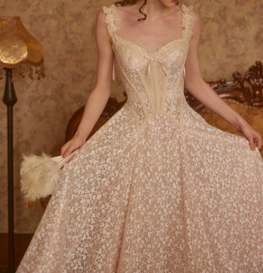 Romantic Spaghetti Straps Beige Prom Dress Lace A-Line Evening Dress C8675