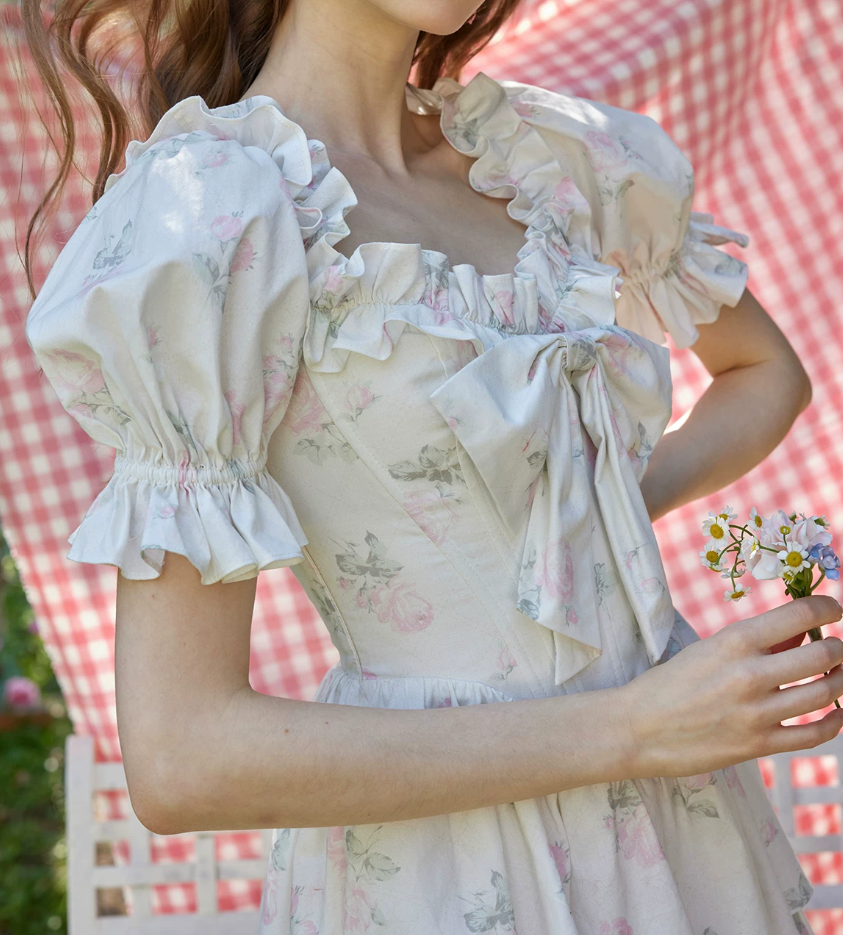 Sweet Floral Bow Tiered Prom Dress Short Sleeve A-Line Evening Dress C8676