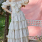 Sweet Floral Bow Tiered Prom Dress Short Sleeve A-Line Evening Dress C8676