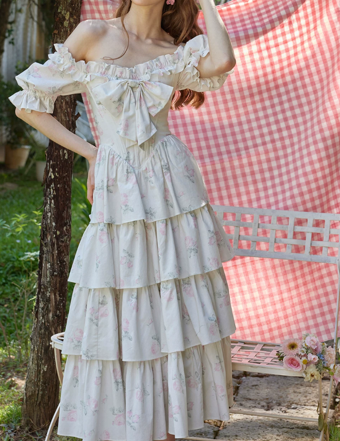 Sweet Floral Bow Tiered Prom Dress Short Sleeve A-Line Evening Dress C8676