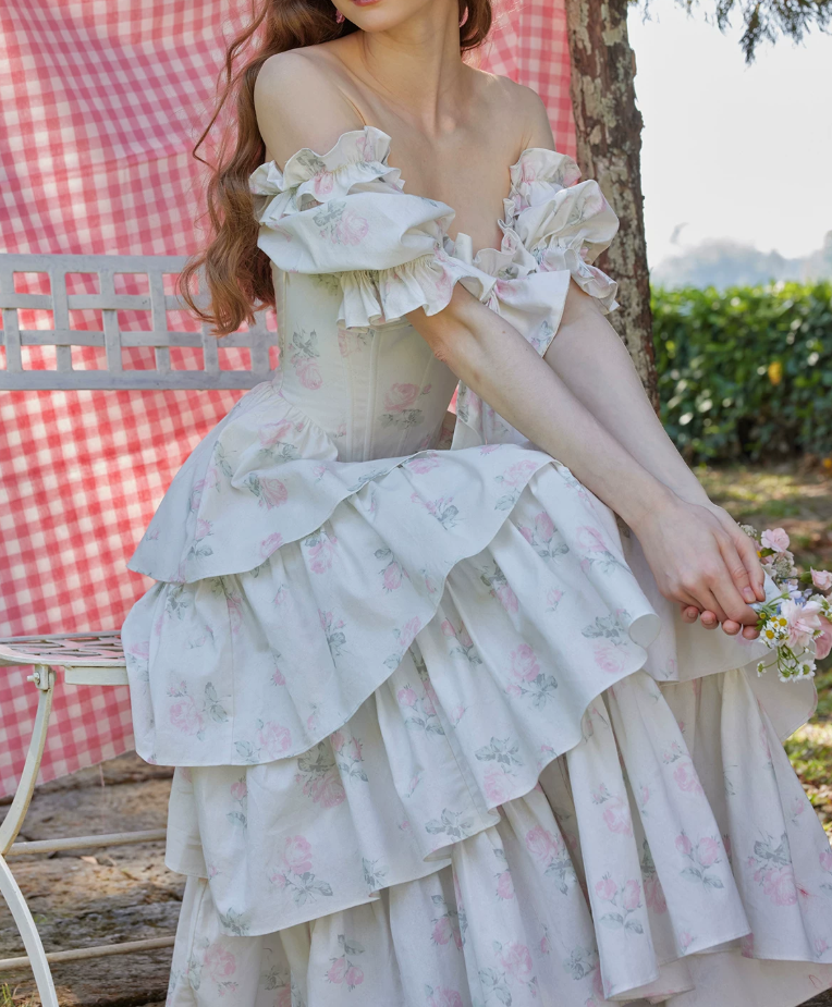 Sweet Floral Bow Tiered Prom Dress Short Sleeve A-Line Evening Dress C8676