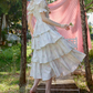 Sweet Floral Bow Tiered Prom Dress Short Sleeve A-Line Evening Dress C8676