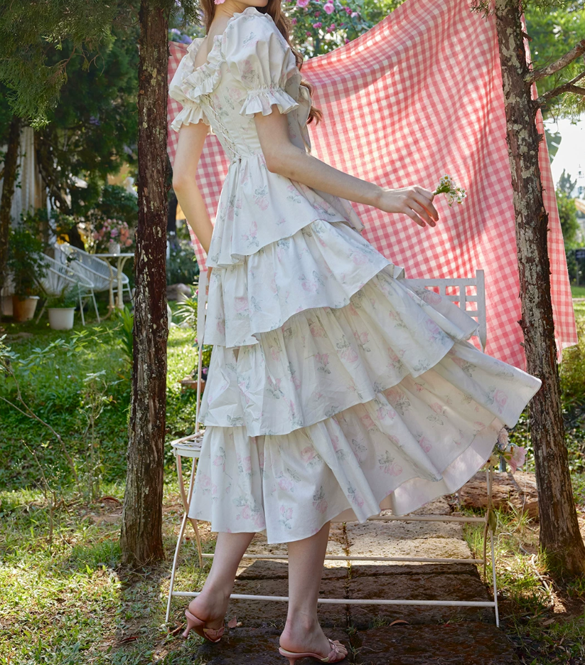 Sweet Floral Bow Tiered Prom Dress Short Sleeve A-Line Evening Dress C8676