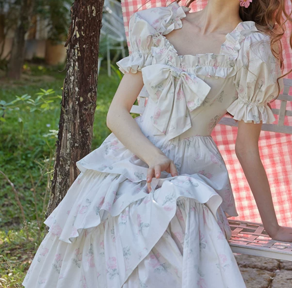 Sweet Floral Bow Tiered Prom Dress Short Sleeve A-Line Evening Dress C8676