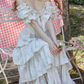 Sweet Floral Bow Tiered Prom Dress Short Sleeve A-Line Evening Dress C8676