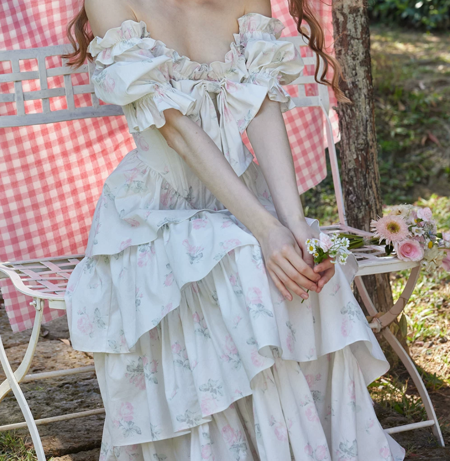 Sweet Floral Bow Tiered Prom Dress Short Sleeve A-Line Evening Dress C8676