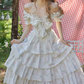 Sweet Floral Bow Tiered Prom Dress Short Sleeve A-Line Evening Dress C8676