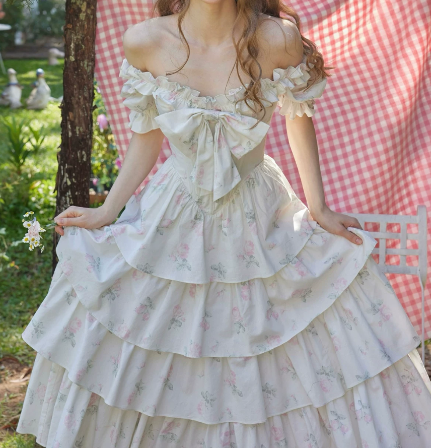 Sweet Floral Bow Tiered Prom Dress Short Sleeve A-Line Evening Dress C8676