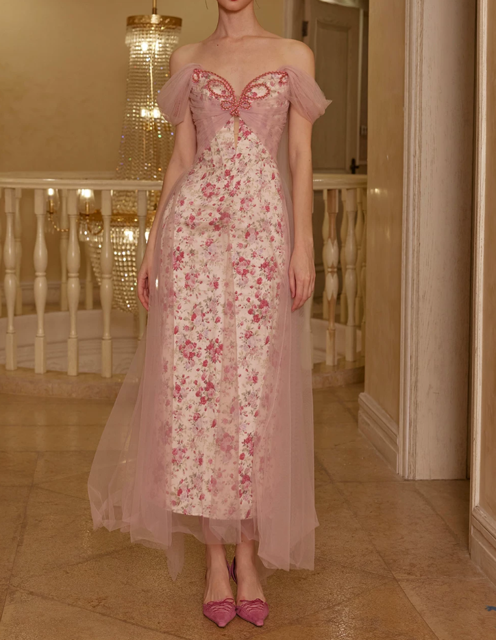 Romantic Off-Shoulder Pink Prom Dress Floral Sheath Tulle Evening Dress C8678