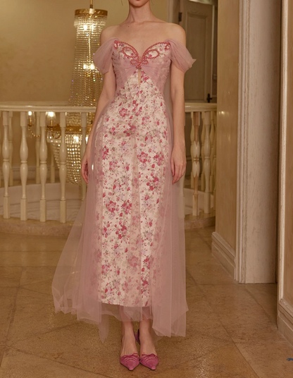 Romantic Off-Shoulder Pink Prom Dress Floral Sheath Tulle Evening Dress C8678