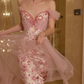 Romantic Off-Shoulder Pink Prom Dress Floral Sheath Tulle Evening Dress C8678