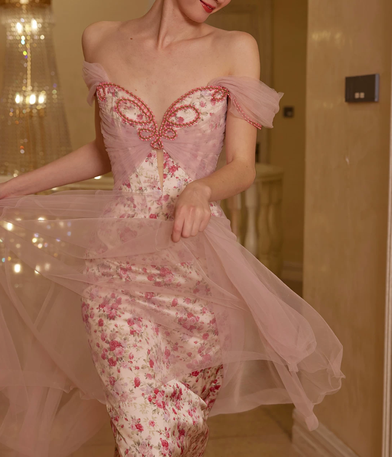 Romantic Off-Shoulder Pink Prom Dress Floral Sheath Tulle Evening Dress C8678