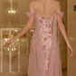 Romantic Off-Shoulder Pink Prom Dress Floral Sheath Tulle Evening Dress C8678