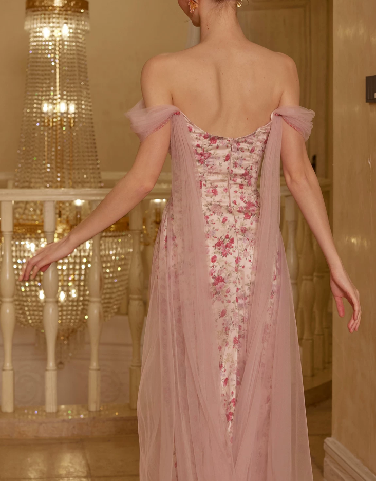 Romantic Off-Shoulder Pink Prom Dress Floral Sheath Tulle Evening Dress C8678