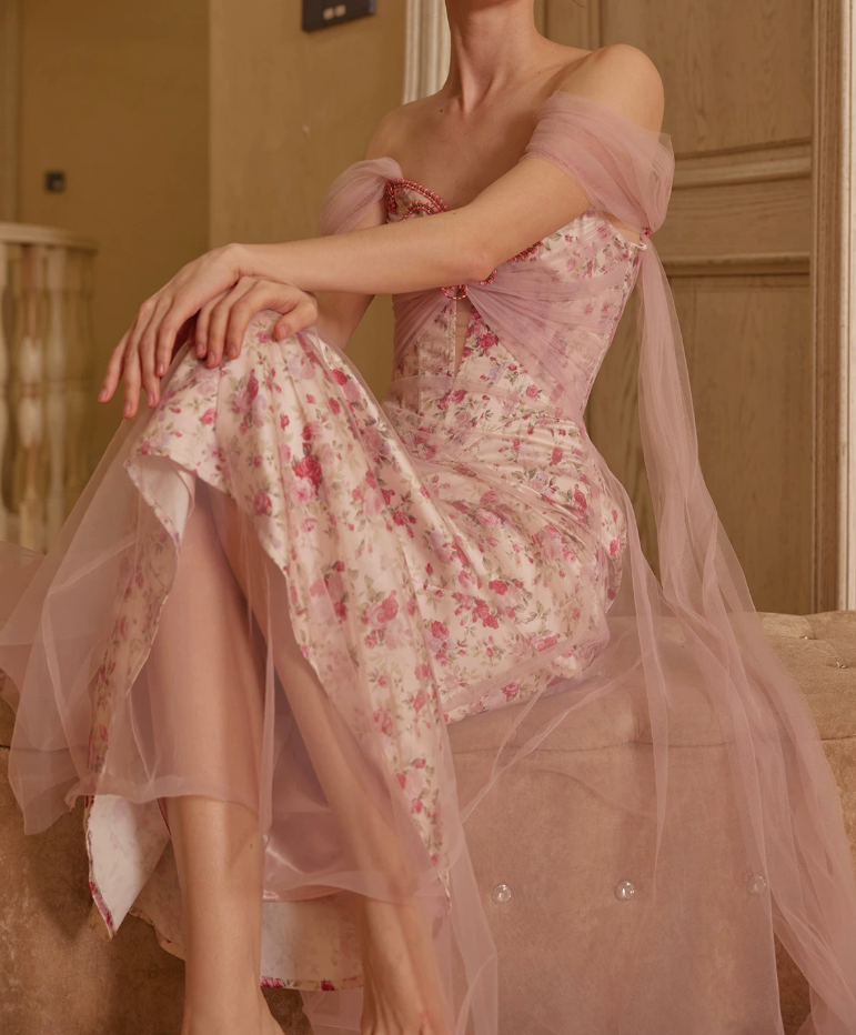 Romantic Off-Shoulder Pink Prom Dress Floral Sheath Tulle Evening Dress C8678