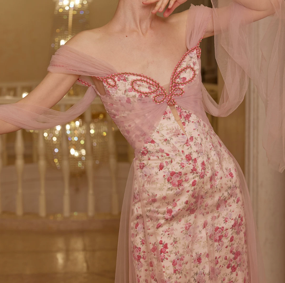 Romantic Off-Shoulder Pink Prom Dress Floral Sheath Tulle Evening Dress C8678