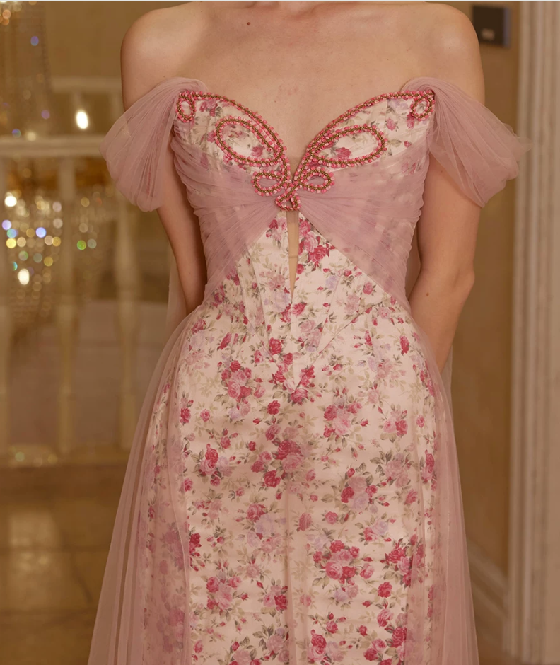 Romantic Off-Shoulder Pink Prom Dress Floral Sheath Tulle Evening Dress C8678