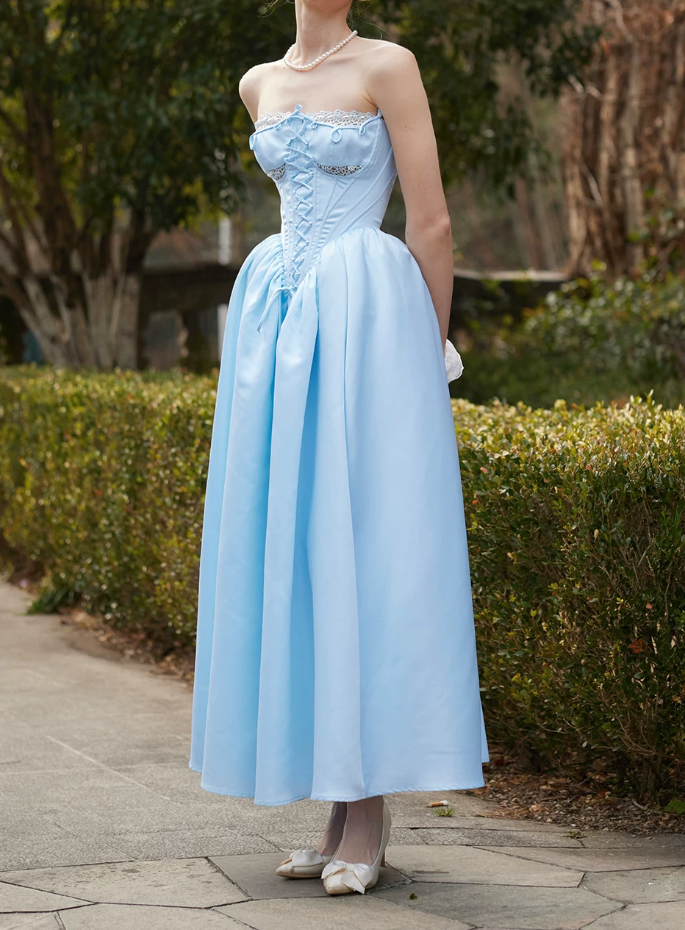 Classical Strapless Blue Prom Dress Lace-Up A-Line Evening Dress C8679