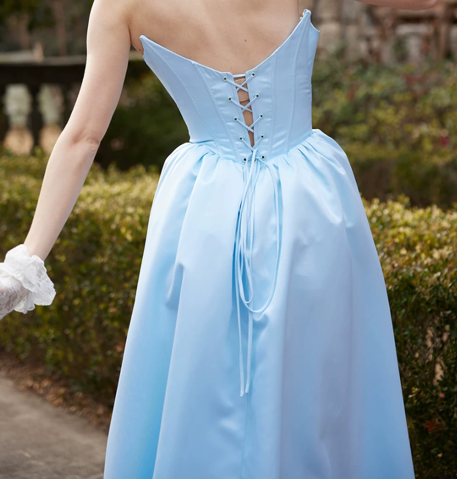 Classical Strapless Blue Prom Dress Lace-Up A-Line Evening Dress C8679