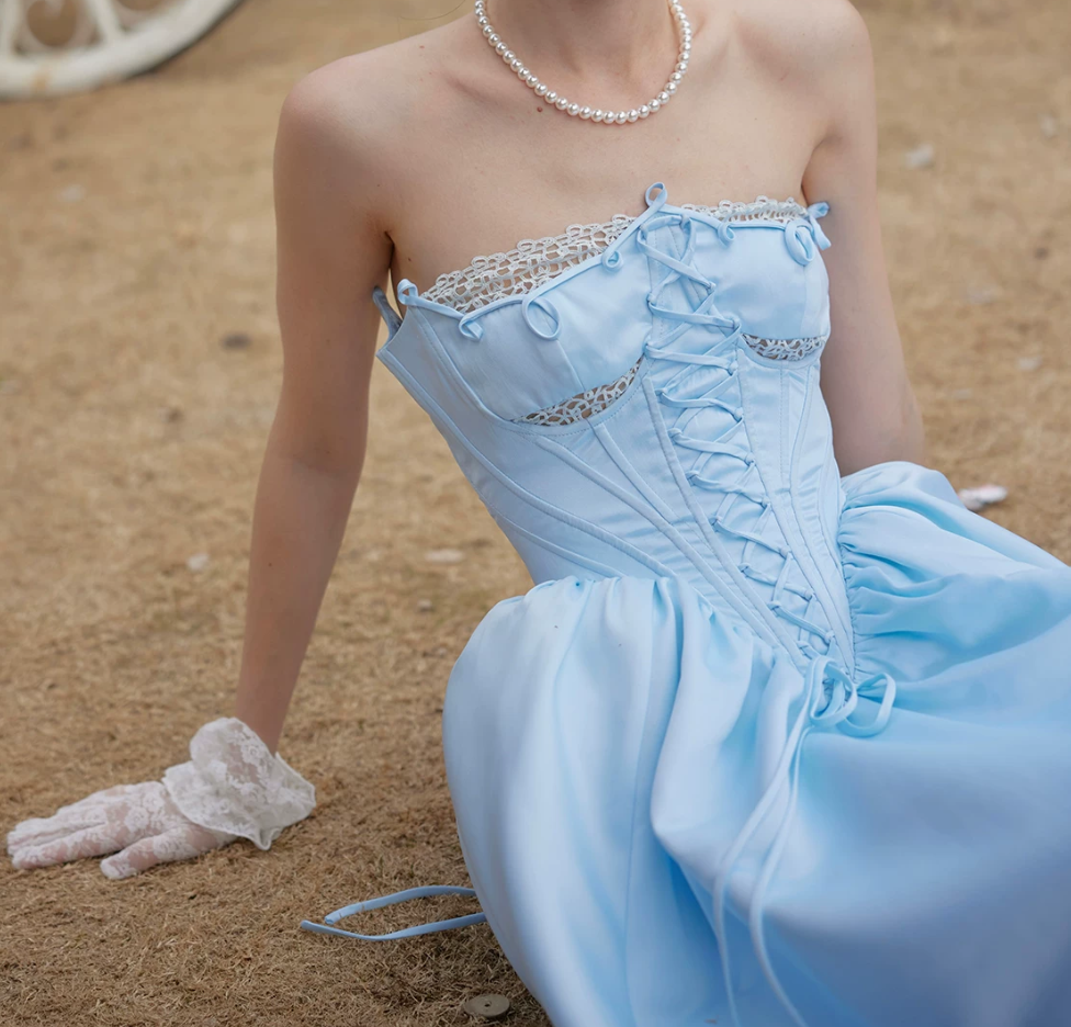 Classical Strapless Blue Prom Dress Lace-Up A-Line Evening Dress C8679