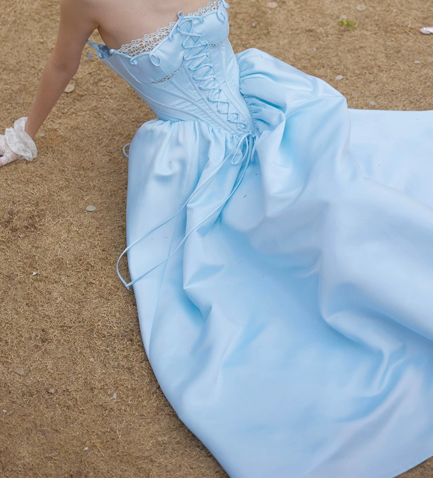Classical Strapless Blue Prom Dress Lace-Up A-Line Evening Dress C8679