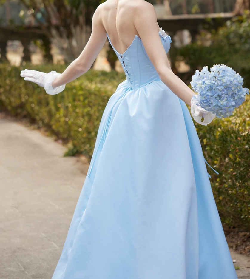 Classical Strapless Blue Prom Dress Lace-Up A-Line Evening Dress C8679