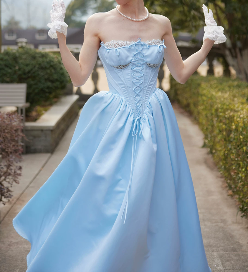 Classical Strapless Blue Prom Dress Lace-Up A-Line Evening Dress C8679