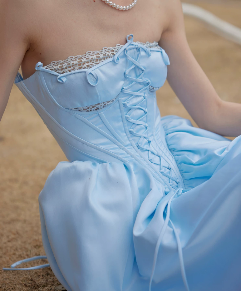 Classical Strapless Blue Prom Dress Lace-Up A-Line Evening Dress C8679
