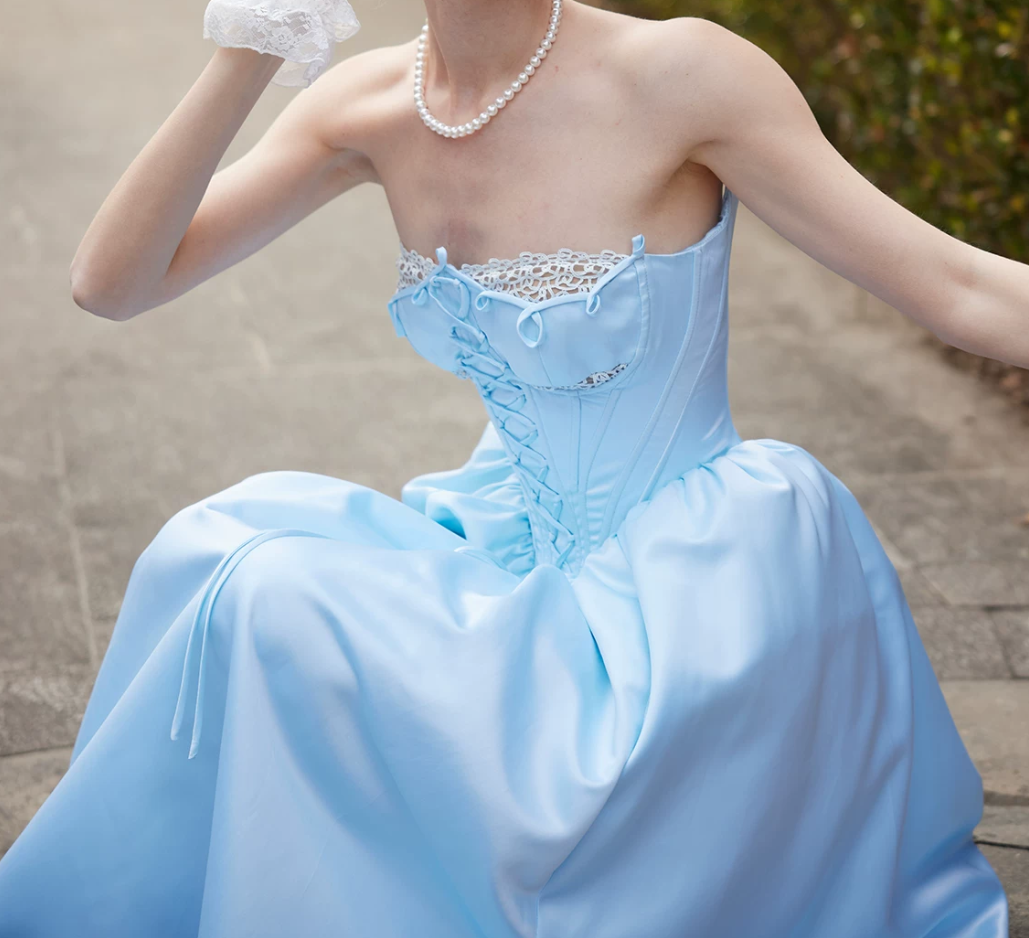 Classical Strapless Blue Prom Dress Lace-Up A-Line Evening Dress C8679