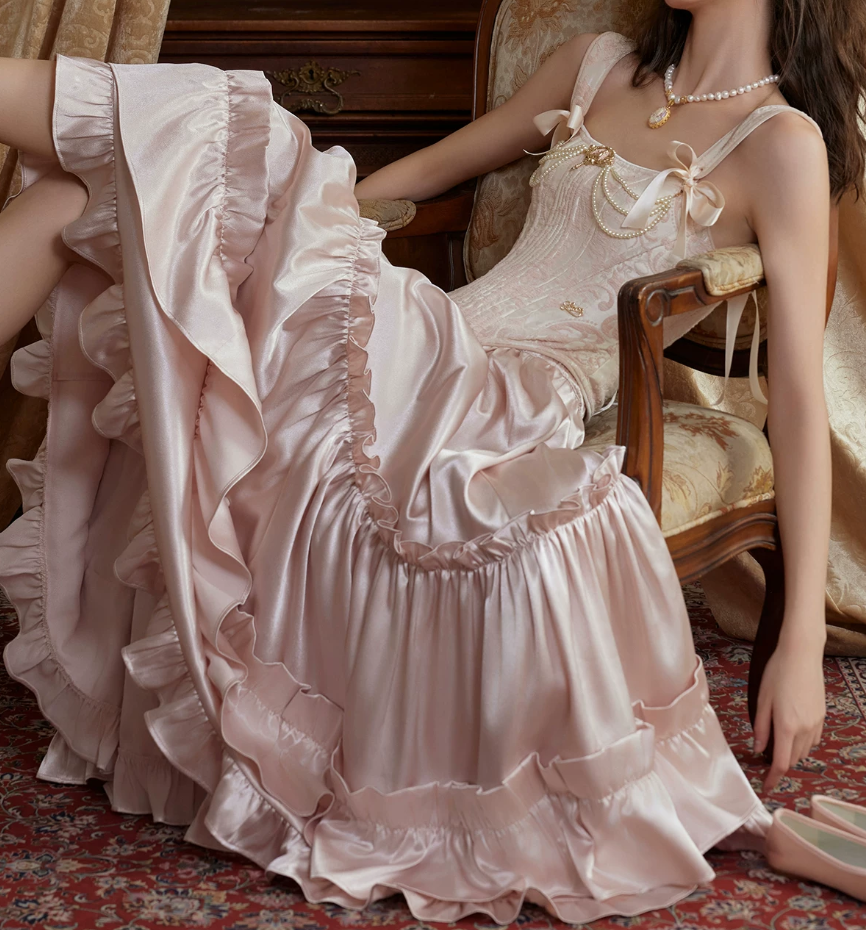 Adorable Spaghetti Straps Beading Pink Prom Dress Jacquard Bodice A-Line Evening Dress C8680