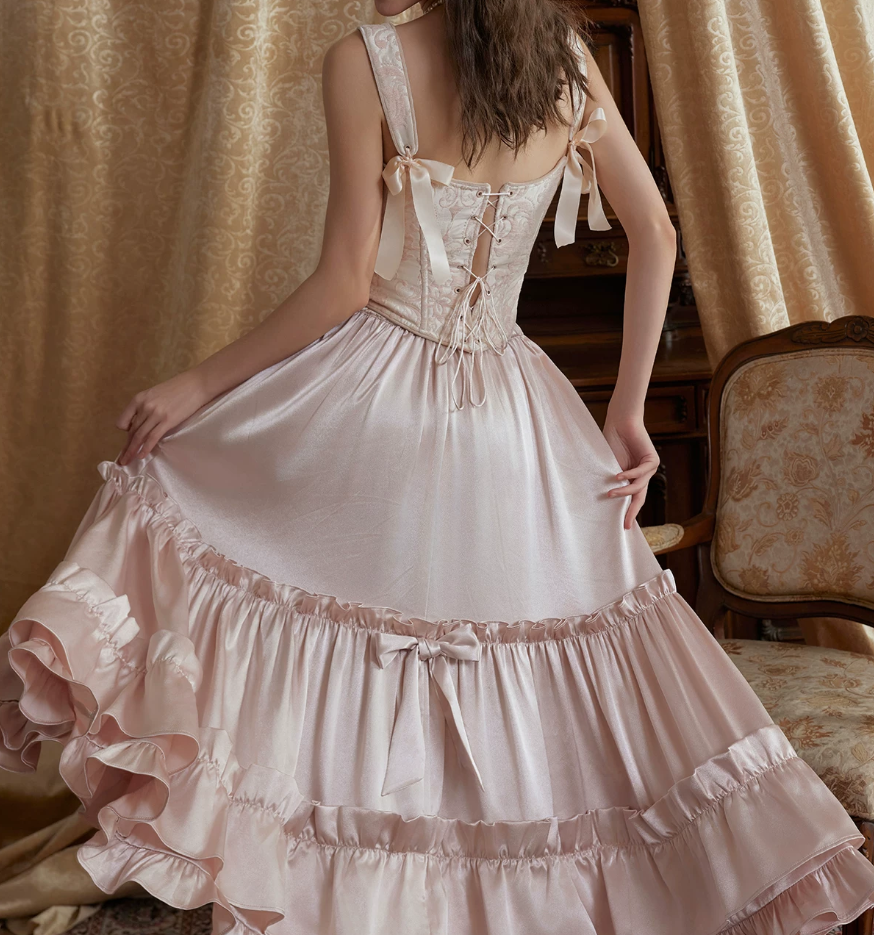 Adorable Spaghetti Straps Beading Pink Prom Dress Jacquard Bodice A-Line Evening Dress C8680